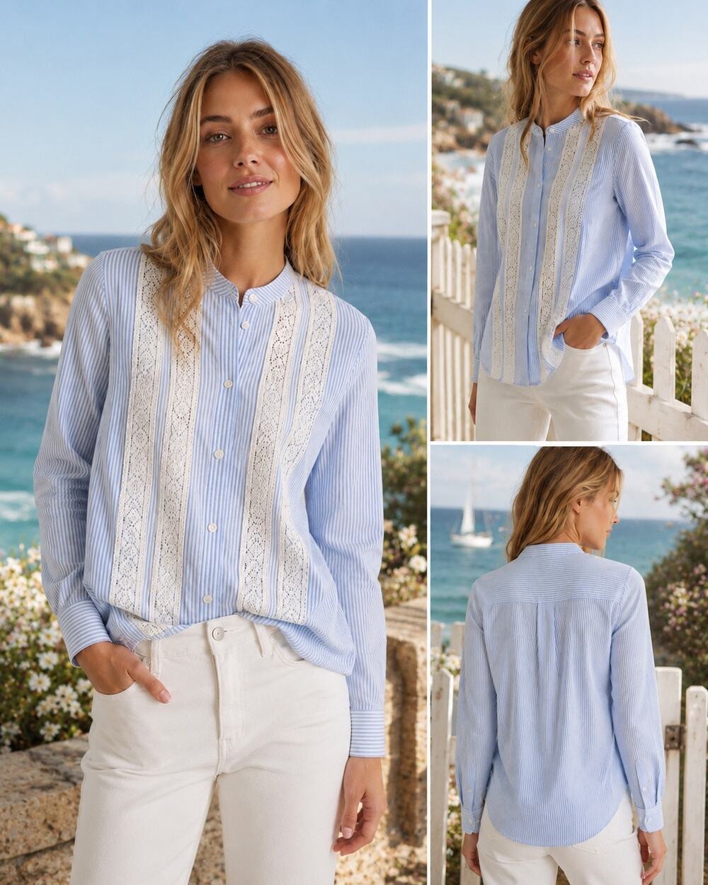 Boden Blue White Stripe Lace Button Up Cotton Blouse Top Cottagecore Preppy New